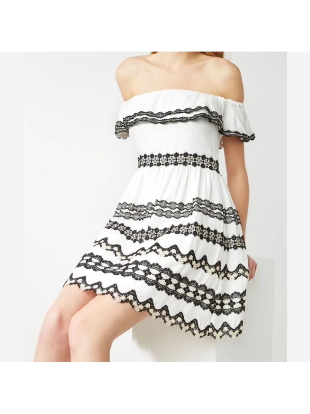 Alice + Olivia White Off the Shoulder Dress with Black Lace Trim